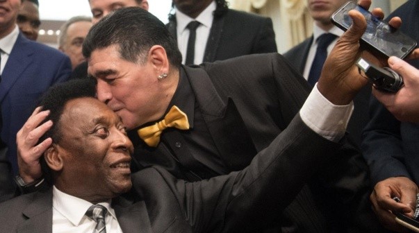 3247676 12/01/2017 December 1, 2017. Brazilian footballer Pele, left, and Argentine footballer Diego Maradona during the meeting of Russian President Vladimir Putin with world football stars held before the official final draw ceremony of the 2018 FIFA World Cup. Sergey Guneev/Sputnik