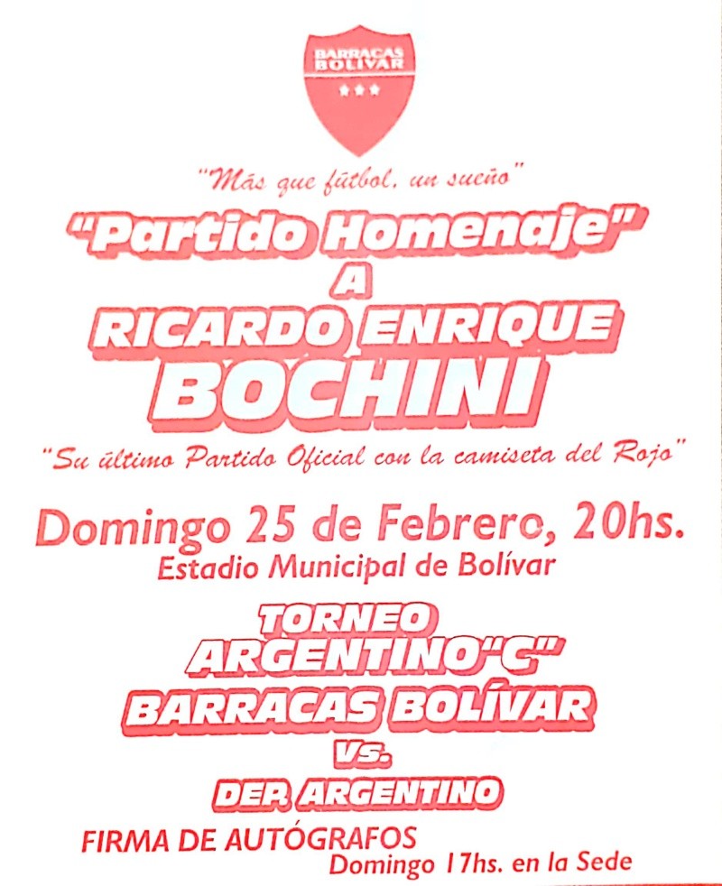 La invitación para el homenaje a Ricardo Bochini en Bolívar La invitación para el homenaje a Ricardo Bochini en Bolívar